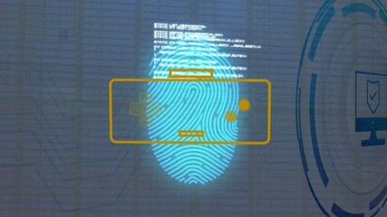 Poster - Animation of fingerprint and digital security symbols over binary code background