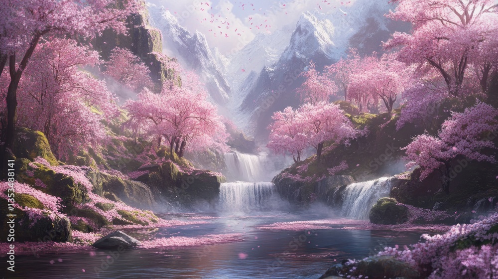 Serene valley vista with cherry blossoms, waterfall and mountain ...