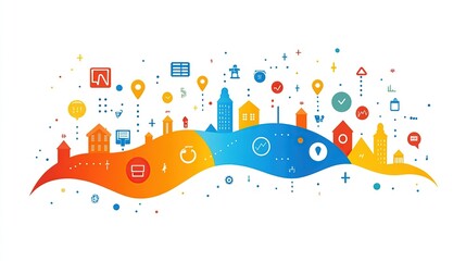 Poster - Colorful city infographic with interconnected icons