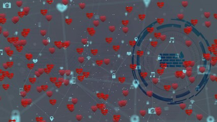 Poster - Floating red heart icons over digital network with animation and security symbols