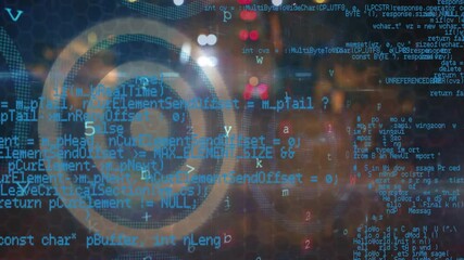 Poster - digital code overlaying animation on technology background with cybercrime text