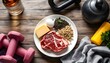 © Tahubulat - A selection of meat and eggs on a plate, with a gym background, showcasing a balanced meal for a fitness-focused lifestyle
