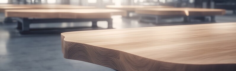 Leinwandbilder - Modern wooden tables in a sleek, industrial setting with a bright ambiance.