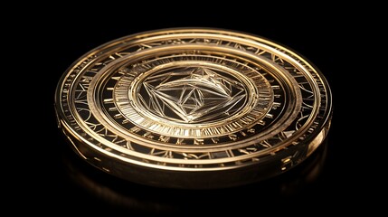 Poster - Mysterious Golden Disc with Intricate Geometric Design on Black Background