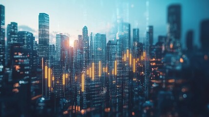 Poster - Futuristic cityscape with digital financial data overlays
