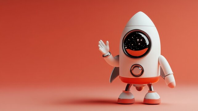 Cute Cartoon Rocket Waving on Orange Background