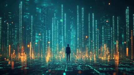 Poster - A lone figure stands amidst a futuristic cityscape of digital data streams