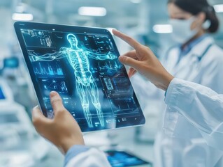 image depicts medical researcher using tablet to analyze digital representation of human body, showcasing advanced technology healthcare. atmosphere conveys innovation and collaboration medical