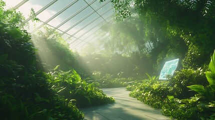 Leinwandbilder - A lush greenhouse illuminated by sunlight, filled with vibrant greenery and a wooden pathway.