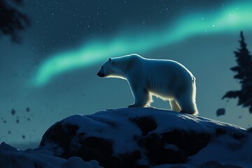 Majestic polar bear silhouetted against a breathtaking aurora borealis.  Arctic wilderness at night.