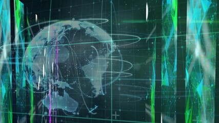 Aufkleber - Digital globe with abstract patterns processing data over grid background animation