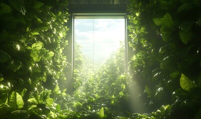 Poster - A vibrant green space with lush foliage framing a bright, open window.