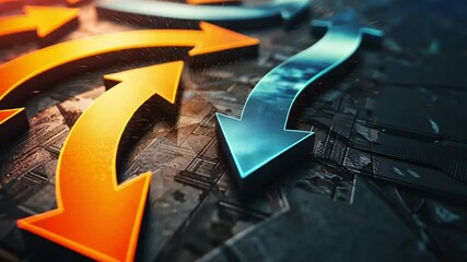 Poster - Dynamic arrows in vibrant orange and blue create sense of movement and direction on textured surfaces, symbolizing modern choices and design pathways.