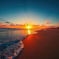 Wall Mural - golden sunset casts long shadows on beach, waves gently lapping shore, image, sky, tropical