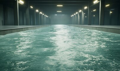 Aufkleber - A serene indoor pool with calm water reflecting soft lighting in a minimalist environment.
