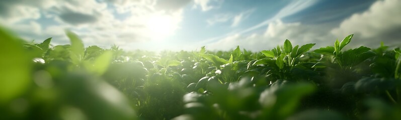 Poster - Lush green field under a bright sky with sunlight peeking through clouds.