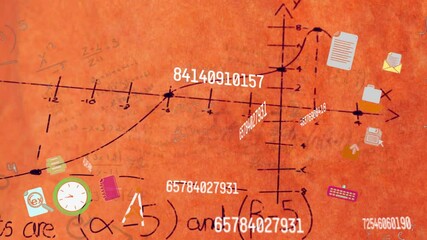 Poster - Animation of mathematical equations and graphs with numbers on orange background
