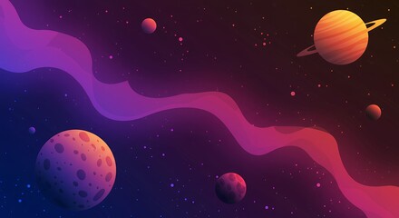 Poster - Digital Space Scenery with Planets, Nebula and Stars in Dark Cosmic Background