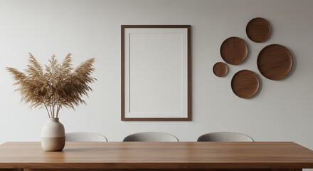 Poster - Interior Mockup with Wooden Table, Frame, Vase and Plates in Modern Design