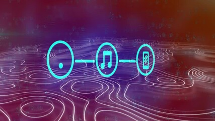 Poster - Animation of music note and device icons over digital landscape with glowing lines
