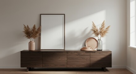 Poster - Interior Scene Featuring Wooden Cabinet with Vase and Frame Decoration