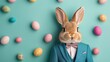 © 69 - Adorable bunny in a tailored suit with Easter eggs scattered in the background, festive and fun holiday theme.