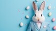 © 69 - Adorable bunny in a tailored suit with Easter eggs scattered in the background, festive and fun holiday theme.