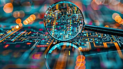 Poster - Close Up of Magnifying Glass Revealing Vibrant Circuit Board Patterns, Showcasing Intricate Details and Glowing Lights in Technology and Innovation