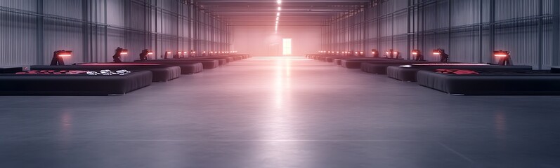 Poster - Spacious industrial interior with bright light at the end, featuring rows of equipment.