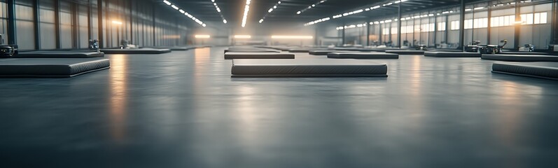 Aufkleber - A serene indoor space with floating platforms on calm water, illuminated by soft overhead lighting.