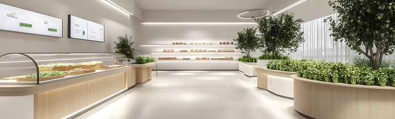 Fototapete - Modern interior of a stylish café showcasing greenery and display counters.