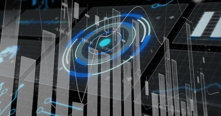 Poster - Animation of futuristic financial data with bar graphs and digital elements