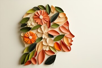Poster - A creative paper art piece representing a woman's profile adorned with colorful flowers and leaves, symbolizing beauty and nature, Vegan Meal Prep .