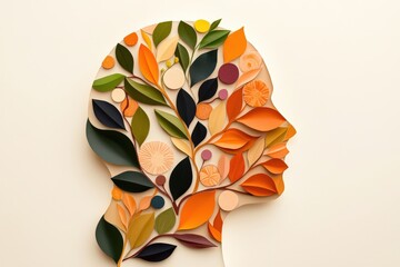 Poster - A vibrant paper art piece depicting a human profile filled with colorful leaves and circles, symbolizing nature and creativity, Vegan Meal Prep .
