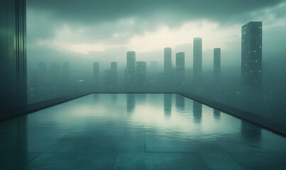 Fototapete - A misty skyline reflected in a serene pool evokes a calm, futuristic atmosphere.