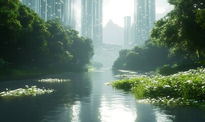 Poster - A serene river flows between lush greenery and towering skyscrapers in a futuristic landscape.
