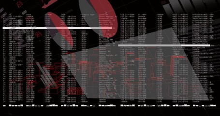 Poster - Animation of geometric shapes overlaying cityscape wireframe in abstract design