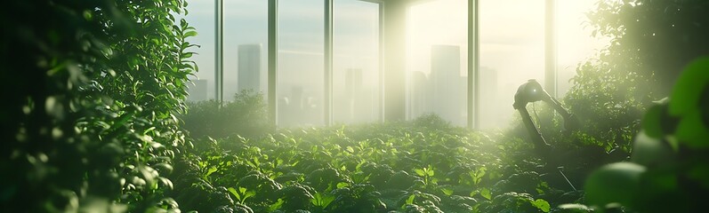 Poster - Lush greenery inside a modern building, with sunlight illuminating the space and city views.