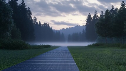 Poster - A misty pathway leads through a serene forest landscape at dusk.