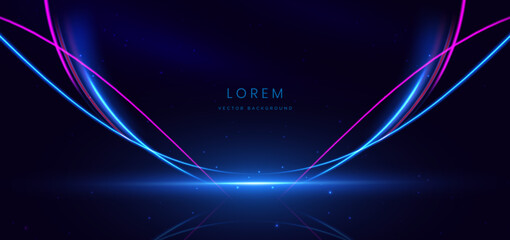 Wall Mural - abstract blue and pink glowing ray curved on dark background with copy space for tex.