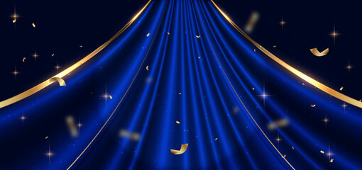 Wall Mural - blue curtain background. golden confetti banner and ribbon background.