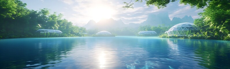 Poster - Serene lake surrounded by lush greenery and mountains under a bright sky.