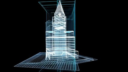 Poster - futuristic architectural design illuminated wireframe skyscraper showcasing geometric layers and mod