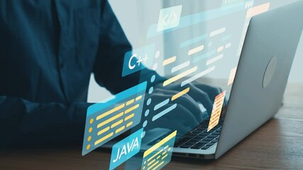 Fototapete - Programmer Using Laptop with Code and Programming Language Symbols Representing Software Development and Technology in Modern Workspace. Qubit.