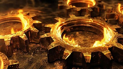 Poster - Golden gears and fiery flames symbolize industry and power, showcasing dynamic fusion of metal and fire, evoking energy and transformation in technology and machinery.