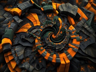 Poster - Abstract fractal artwork illustrating a captivating swirling vortex of dark gray and orange geometric shapes resembling a mechanical organic structure