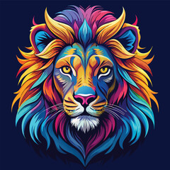  Close up of colorful lion face drawing vibrant vivid colored t-shirt design vector illustrations. Spectrum-spotted lion fierce beauty