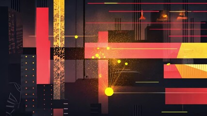 Poster - Vibrant Abstract Digital Artwork Geometric Shapes and Dynamic Lines in Urban Landscape, Evoking Energy and Movement in Shades of Red, Yellow, and Black.