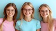 © Zaz - Three smiling women in glasses, pastel t-shirts, blue background