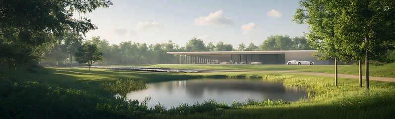 Aufkleber - Modern architecture blends seamlessly with nature, featuring a serene landscape and reflecting pond.